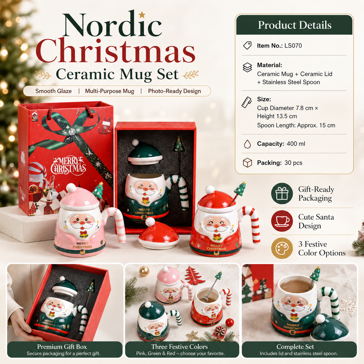🎄 Christmas Ceramic Santa Mug with Lid & Spoon