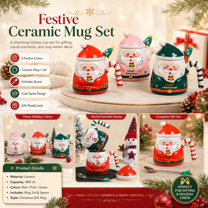 🎄 Christmas Ceramic Santa Mug with Lid & Spoon