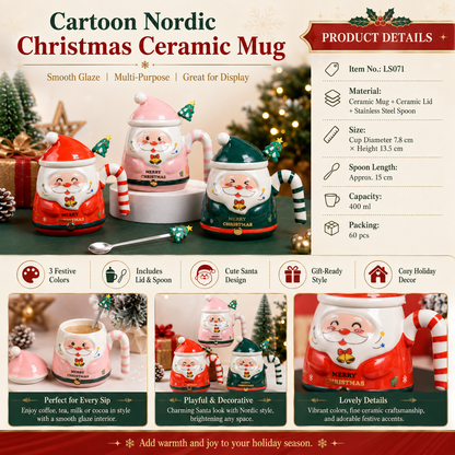 🎄 Christmas Ceramic Santa Mug with Lid & Spoon