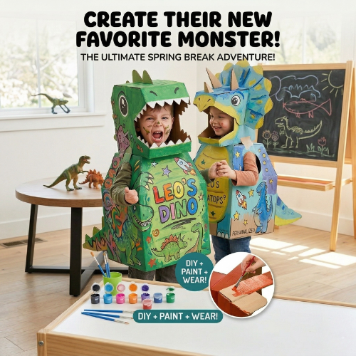 DIY Assembling dinosaur costumes in cardboard boxes