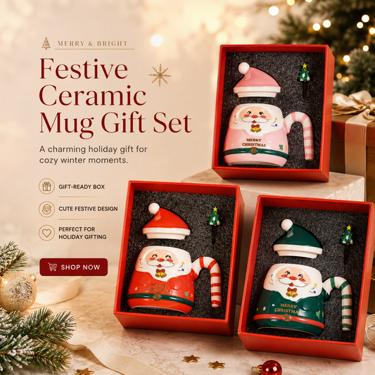 🎄 Christmas Ceramic Santa Mug with Lid & Spoon
